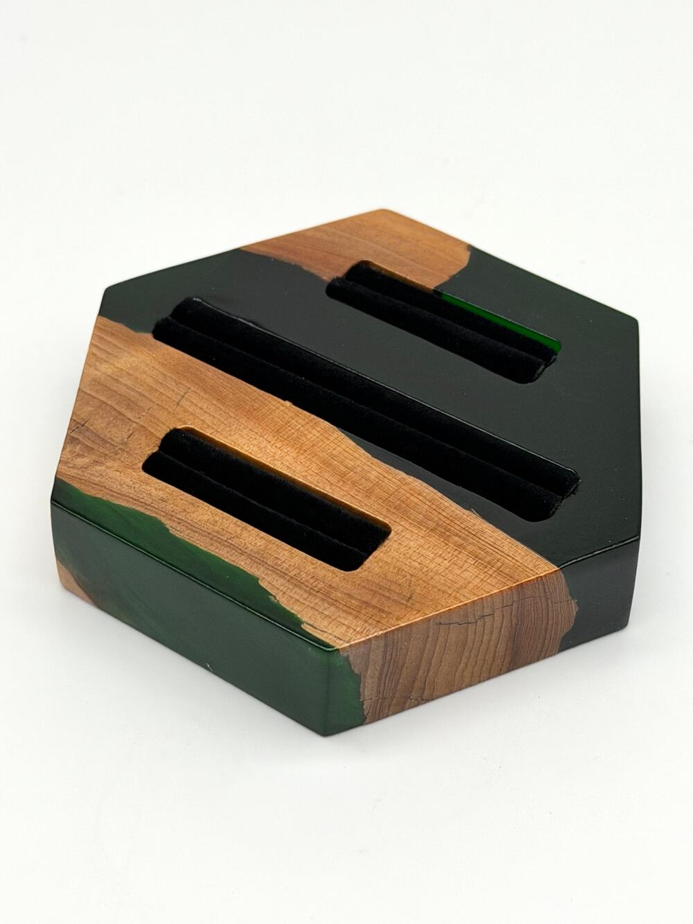 Wood & Green Resin 3 Slot Ring Holder Jewelry Display Stand Handmade Style